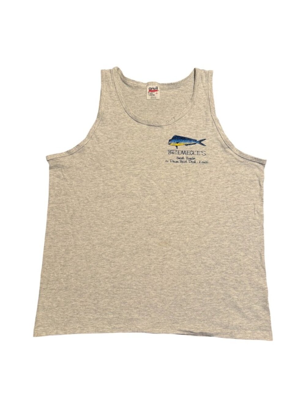 Anvil Men Brennecke's Mahi-Mahi Fish Graphic Tank Top Shirt Pre-Shrunk Gray Lrg